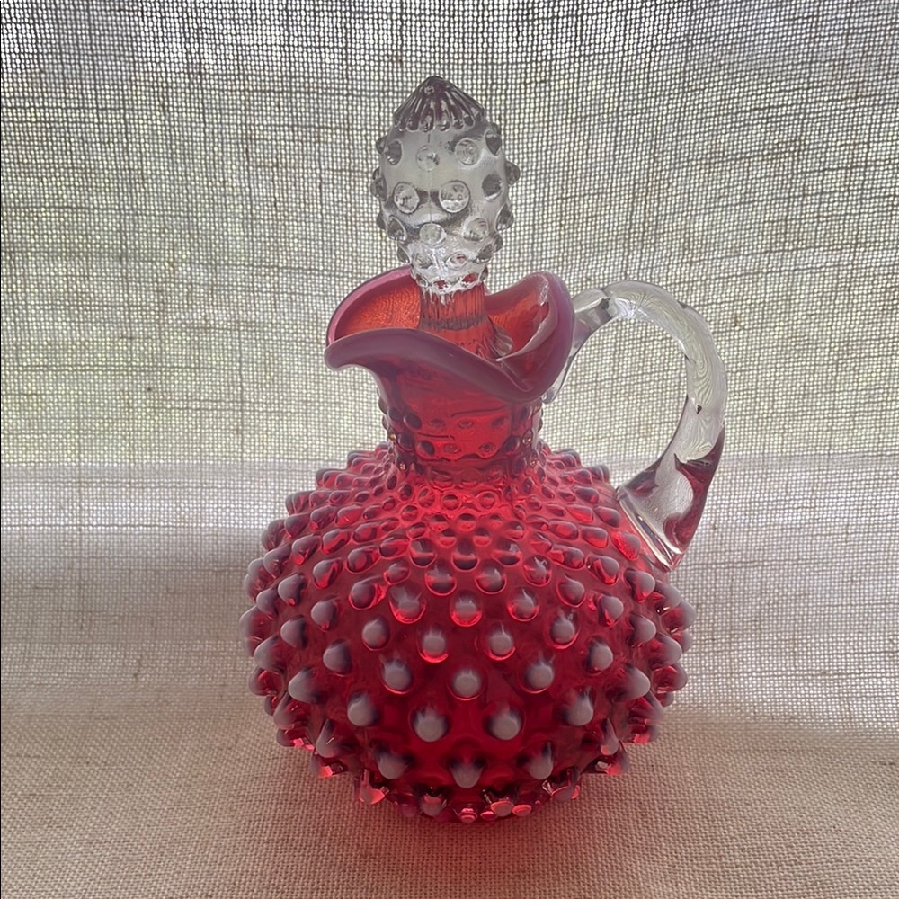 Vintage Fenton Cranberry Opalescent Hobnail Cruet with Clear Stopper